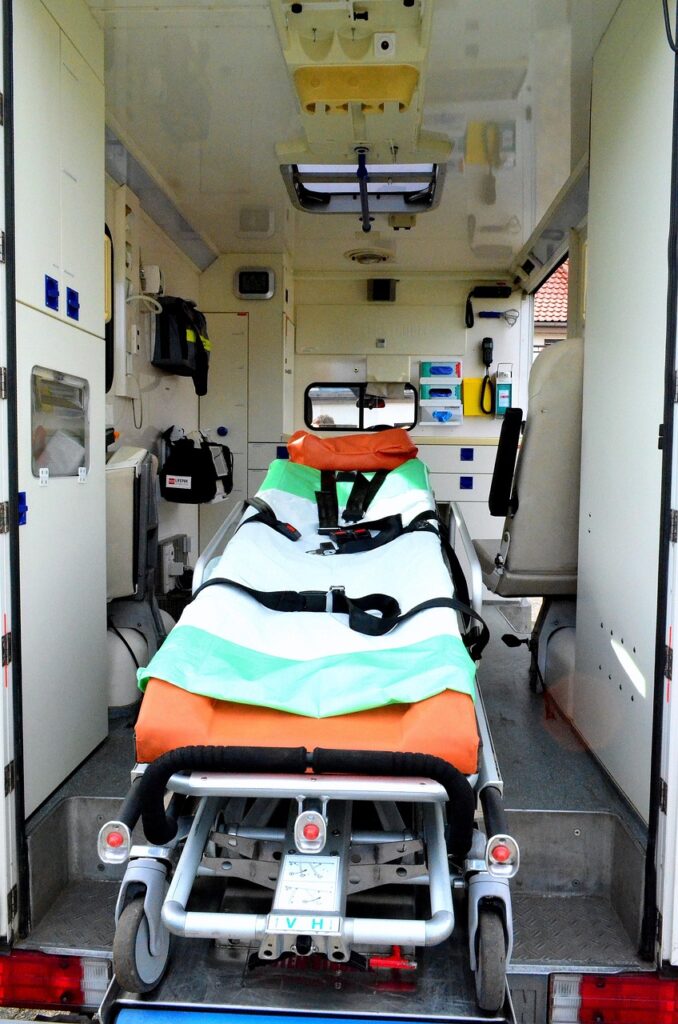 Cot in the back of an ambulance