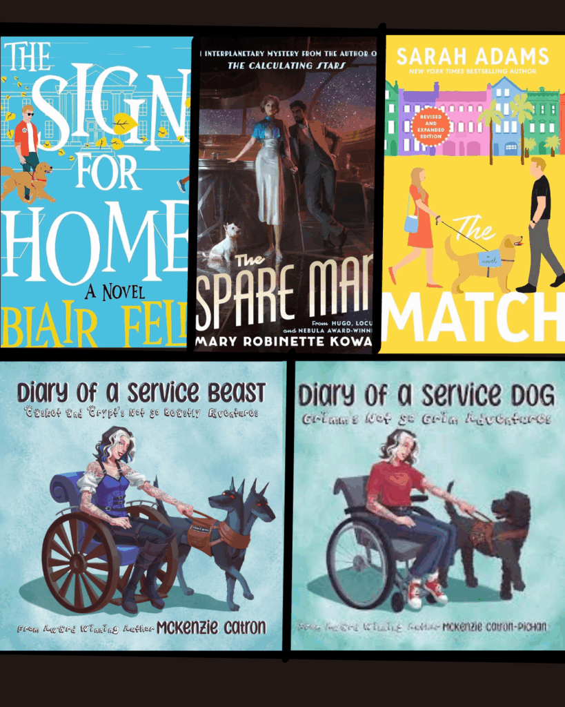 a collage of books with service dogs: The sign for home, the spare man, the match, diary of a service beast, and diary of a service dog